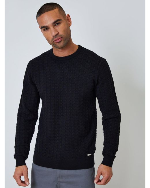 Threadbare Blue Cable Knit Crew Neck Jumper for men