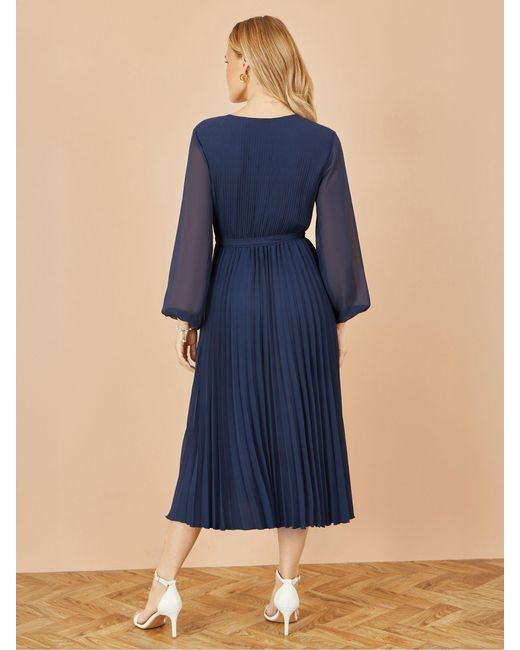 Yumi' Blue Pleated Wrap Midi Dress With Sheer Long Sleeves
