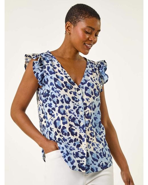 Roman Blue Animal Print Frill Sleeve Blouse