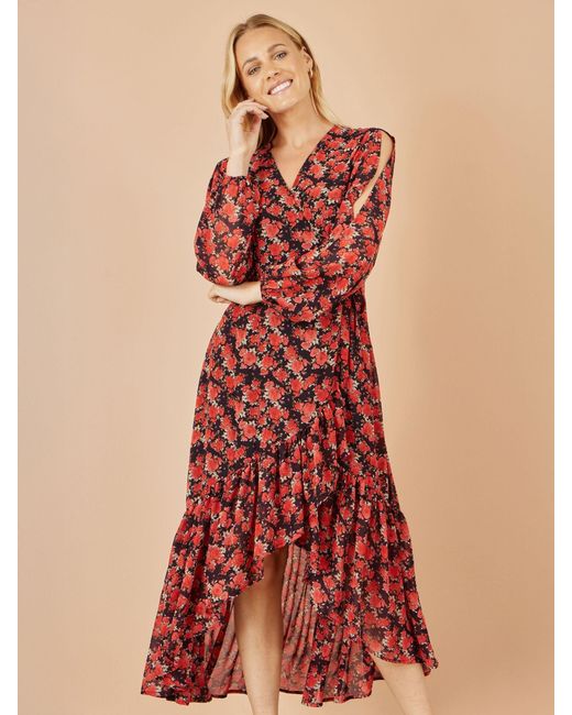 Yumi' Red Rose Print Dipped Hemline Midi Dress With Open Long Sleeves