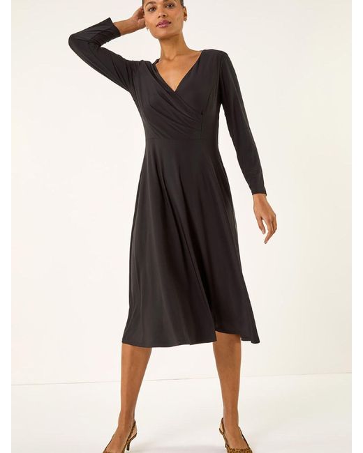 Roman Women's Black Wrap Bodice Tie Waist Midi Dress