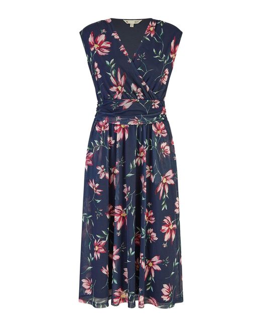 Yumi' Blue Floral Print Mesh Stretch Midi Dress With Pockets
