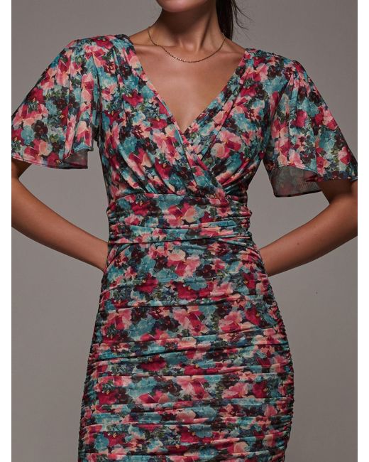 Jolie Moi Gray Angel Sleeved Floral Mesh Bodycon Dress