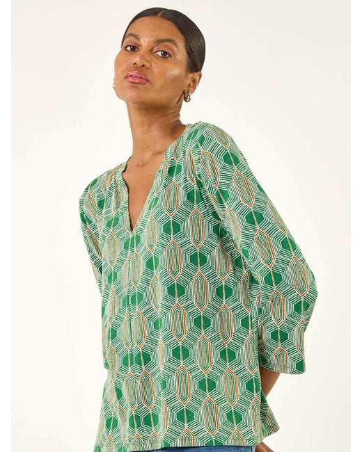 Roman Green Geometric Print Stretch T-Shirt