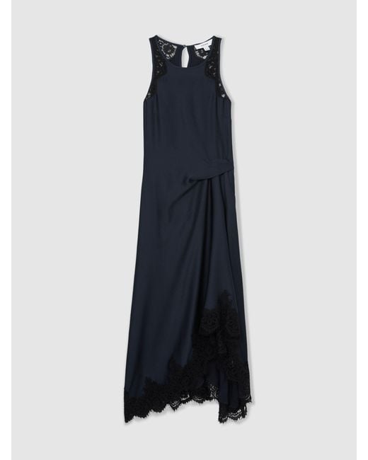 Reiss Blue Anais Satin Drape Lace-Trim Dress