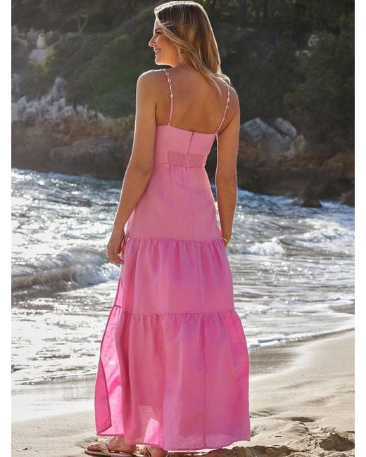 Sosandar Pink Petite Linen Rich Tiered Hem Maxi Dress