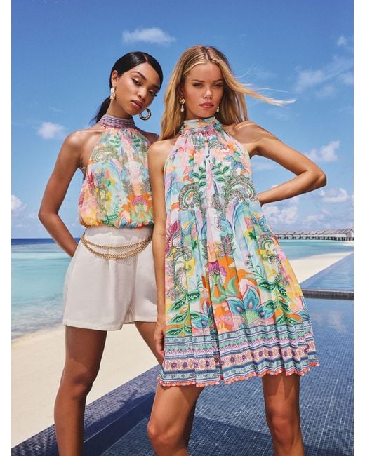 Lipsy Blue Printed Halter Neck Mini Shift Dress