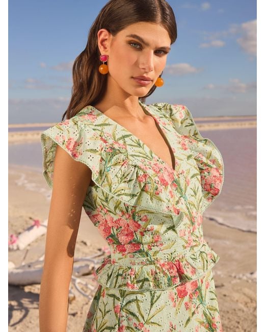 Love & Roses Blue V & A I Printed Broderie Peplum Ruffle Short Sleeve Midi Dress