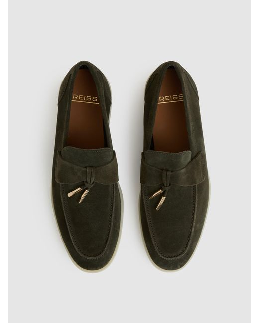 Reiss Green Suede Slip On Tassel Loafers for men