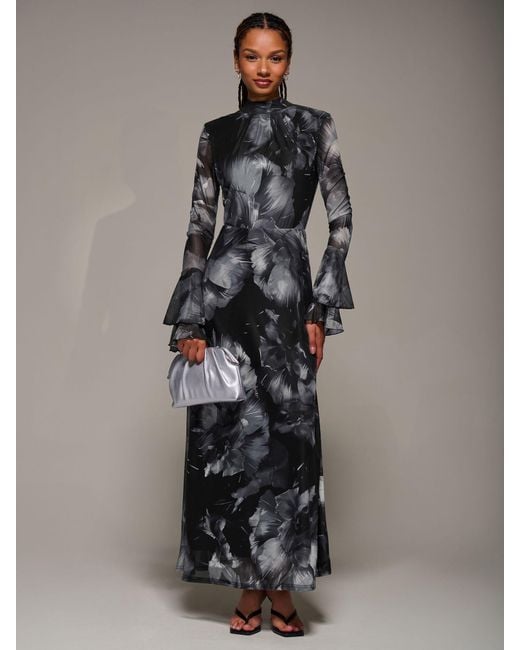 Jolie Moi Gray Ruffle Long Sleeve Mesh Maxi Dress