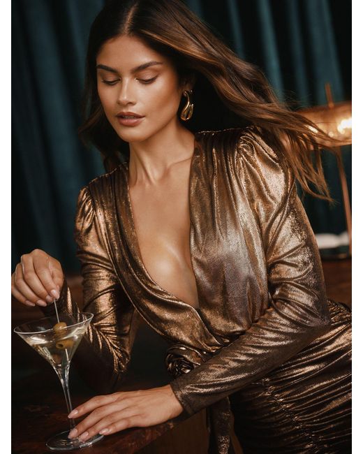 Lipsy Black Metallic Plunge Neck Ruched Corsage Long Sleeve Mini Dress