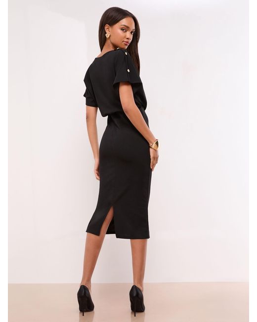 Lipsy Black Short Sleeve Button Detail Blouson Bodycon Midi Dress