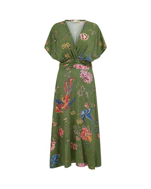 Yumi' Viscose Bird And Floral Print Kimono Midi Dress in Green | Lyst