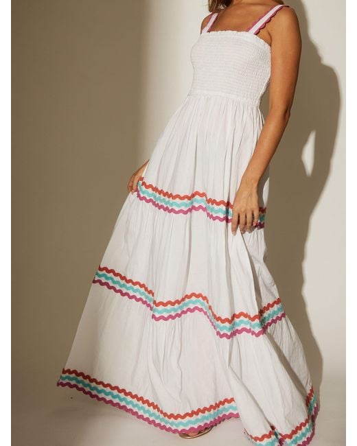 South Beach Blue Cotton Multi Ric Rac Shirred Tiered Maxi Dress