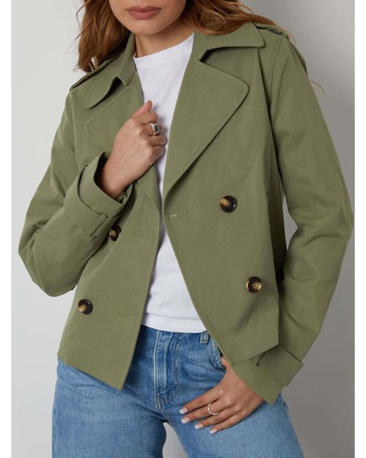 Threadbare Green Double Breasted Cropped Trench Jacket