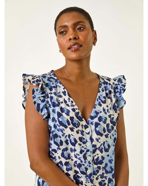 Roman Blue Animal Print Frill Sleeve Blouse