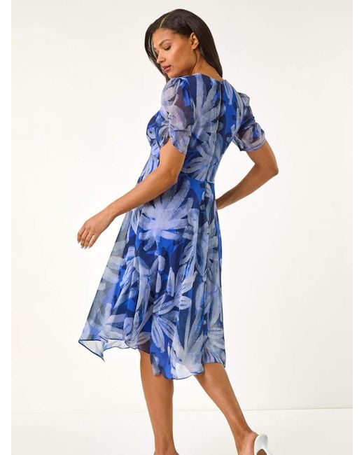 Roman Blue Abstract Painted Floral Print Hanky Hem Dress