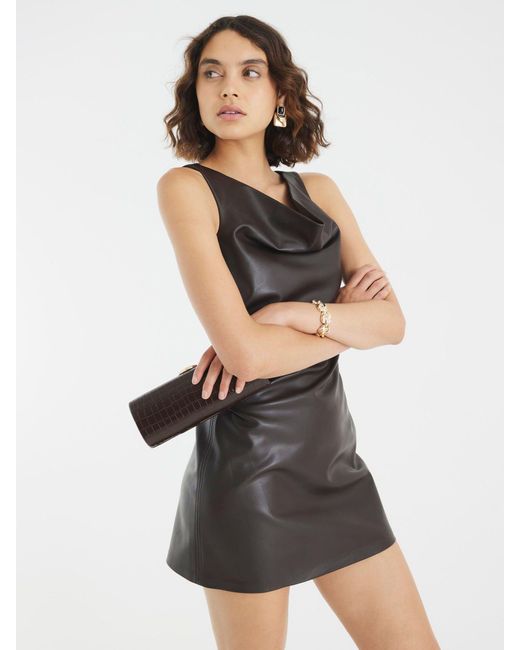 ruched faux leather dress Black Faux Leather Plunge Belted Dress main image 1