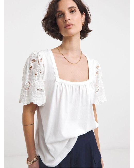 JD Williams White Square Neck Lace Sleeve 100% Cotton Top