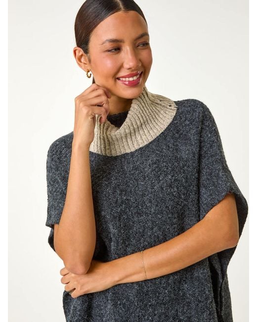 Roman Gray Contrast Roll Neck Button Knit Poncho