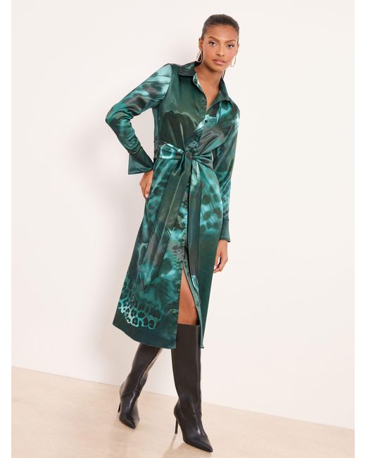 Lipsy Women's Green Mixed Animal Print Satin Midi Shirt Dress