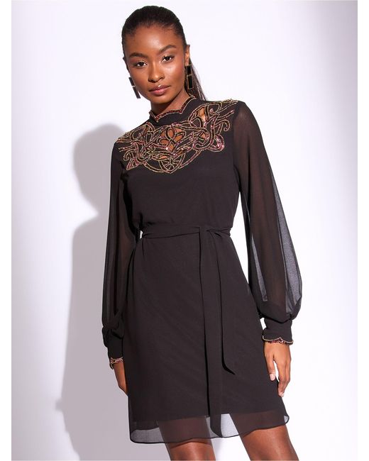 Lipsy Petite Sequin Embellished Cut Out Artwork Long Sleeve Mini Shift Dress  in Black