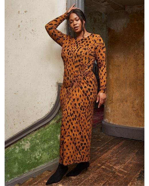 Live Unlimited Women's Brown Curve Animal Print Ruched Jersey Dress