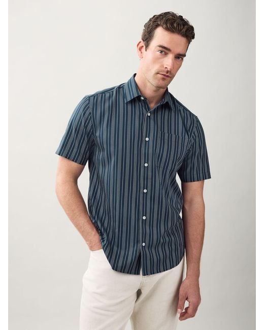 Next Blue Regular Fit Stripe Short Sleeve Lyocel Cotton Blend Smart Shirt for men