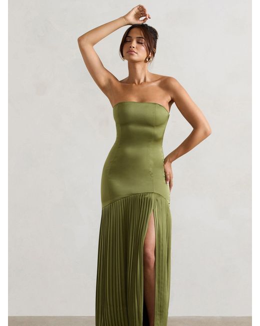Club L London Green Confidence Satin Bandeau Pleated Split Maxi Dress