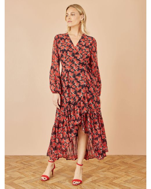 Yumi' Red Rose Print Dipped Hemline Midi Dress With Open Long Sleeves
