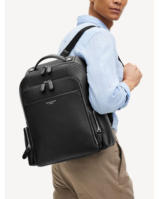 Aspinal Black Reporter Pebble Leather Zip Backpack for men
