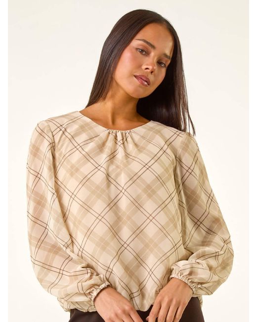 Roman Natural Petite Check Bubble Hem Tunic Top