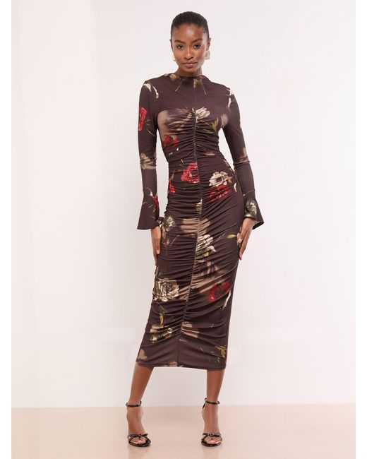 Lipsy Pink Floral Long Sleeve Ruched Jersey Bodycon Dress