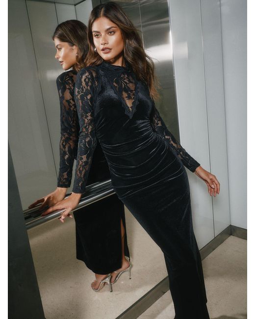 Lipsy Gray Velvet Lace Mix Long Sleeve Bodycon Midi Dress