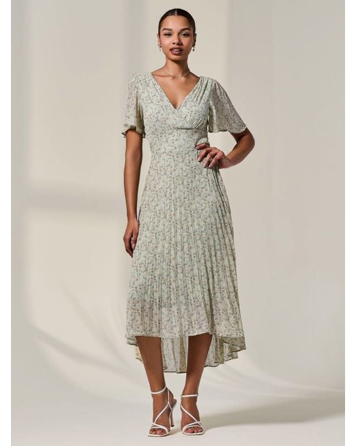 Jolie Moi Natural Floral Print Pleated Dip Hem Maxi Dress