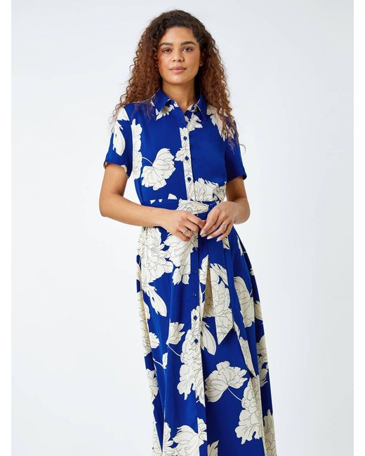 Roman Blue Contrast Floral Print Shirt Dress