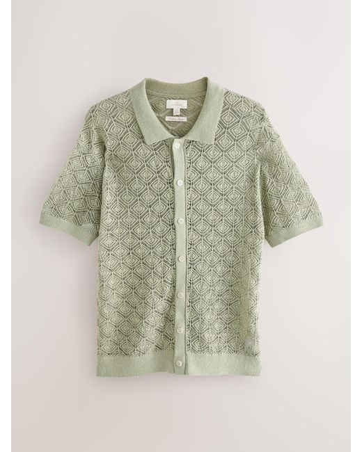 Next Green Signature Linen Rich Short Sleeve Knit Crochet Button Through Polo Shirt for men