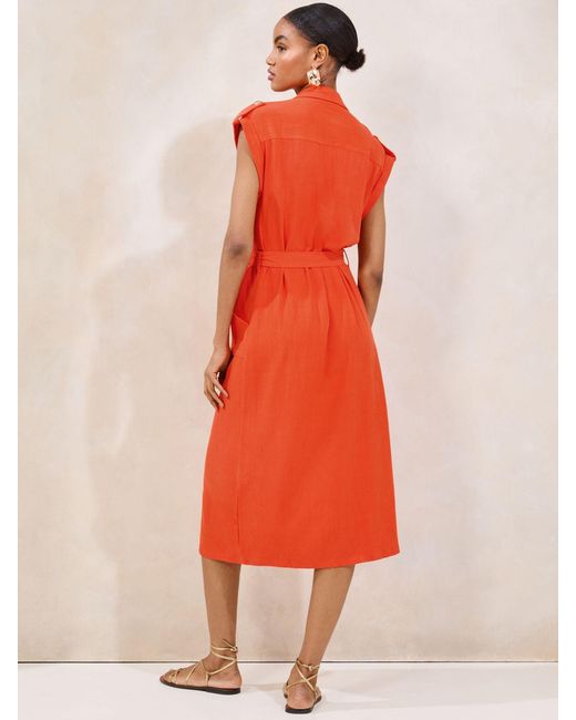 Lipsy Orange Short Sleeve Linen Look Button Down Midi Shirt Dress