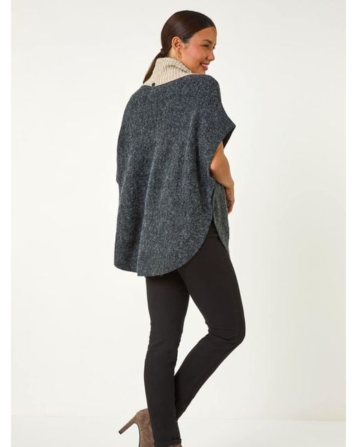 Roman Gray Contrast Roll Neck Button Knit Poncho