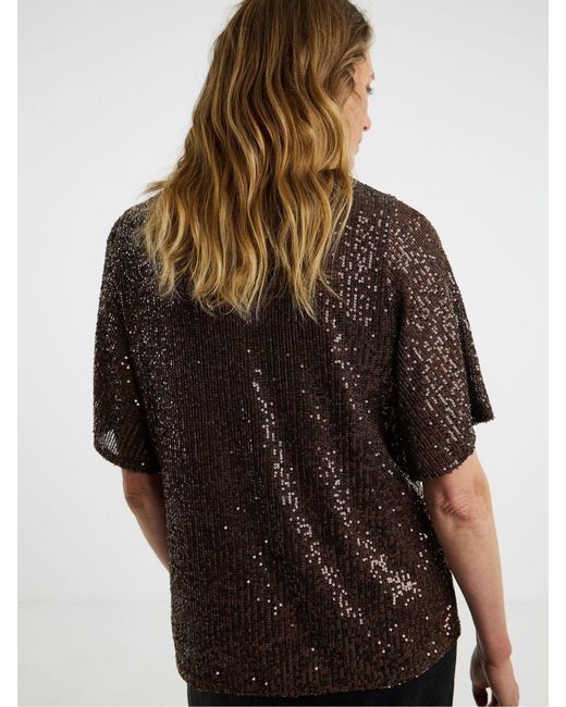 JD Williams Brown Sequin V-Neck Angel Sleeve Top