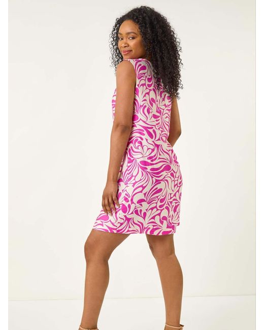 Roman Pink Petite Leaf Print Buttoned A-Line Dress