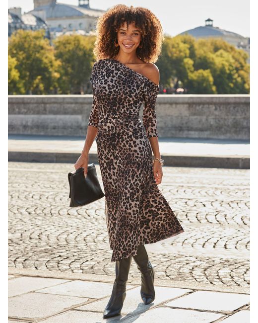Sosandar Leopard Print Off The Shoulder Dress in Metallic | Lyst
