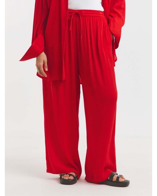 Simply Be Red Tie Waist Crinkle Wide Leg Trousers
