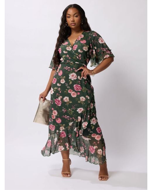 Yours Curve Green London Wrap Ruffle Mesh Dress