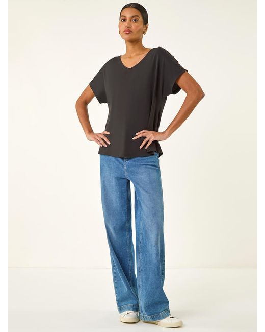 Roman Blue Cold Shoulder Button Top