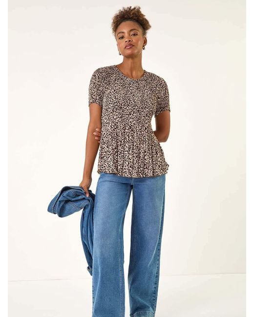 Roman Natural Animal Print Pleated Blouse