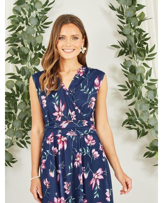 Yumi' Blue Floral Print Mesh Stretch Midi Dress With Pockets