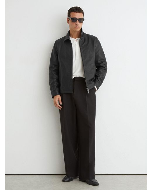 Reiss Black Ortega Leather Collared Zip-Through Jacket for men