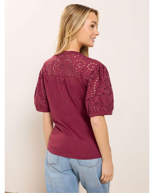 M Com Red Broderie Half Placket Top