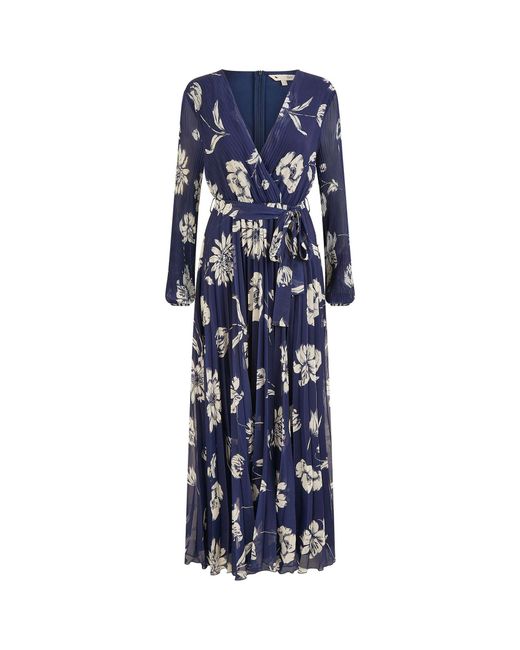 Yumi' Women's Blue Floral Print Pleated Wrap Long Sleeve Dress